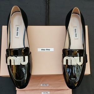 Size 38 MIU MIU Crystal Logo Leather Loafer Black